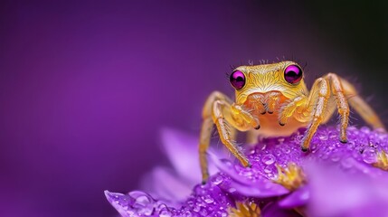 Wall Mural -  A tight shot of a yellow spider on a purple bloom, adorned with dew drops on its face and eyes