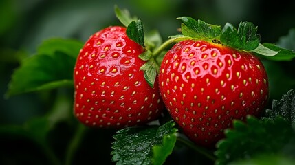 Wall Mural -  A tight shot of two plump strawberries against a backdrop of verdant leaves, with dewdrops gracing their summits