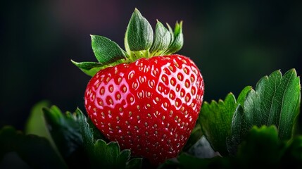 Wall Mural -  A tight shot of a red, ripe strawberry against a backdrop of lush green leaves and a dark background