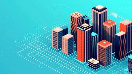 Modern cityscape illustration featuring diverse skyscrapers and a vibrant color palette.