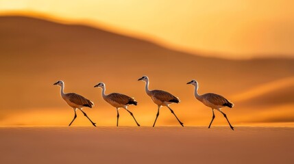  A trio of birds strolling on a sandy terrain during sunset