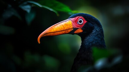 Wall Mural -  A tight shot of a black bird with a vibrant yellow beak against a backdrop of a red-orange beak and a verdant green leaf