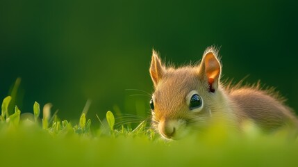 Wall Mural -  A tight shot of a small creature among verdant grass, with a sea of green blades in the foreground and an indistinct background