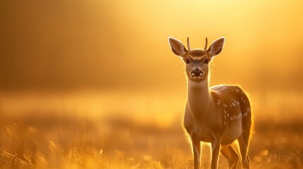 Wall Mural -  A small deer stands in a tall grass field at sunset, with the sun illuminating its back