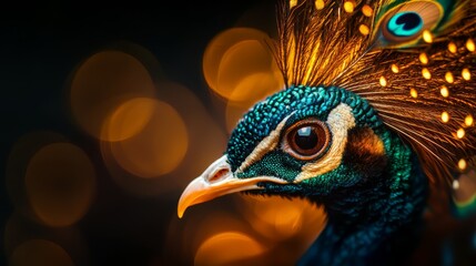 Wall Mural -  A peacock's head, tightly framed, against a backdrop of lights subtly blurred in the foreground