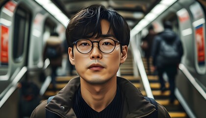 Wall Mural - Korean male office worker in glasses navigating crowded subway station stairs