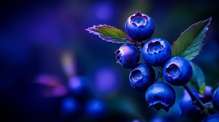 Poster -  A cluster of blueberries atop a green, leafy plant with dewdrops on its leaves