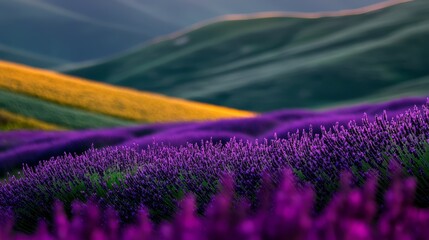 Wall Mural - Purple-yellow foreground, mountains behind