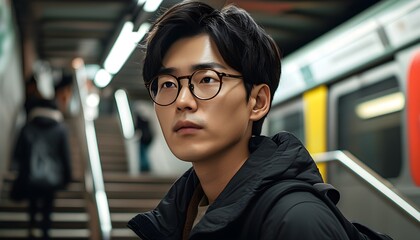 Wall Mural - Korean male office worker in glasses navigating crowded subway station stairs