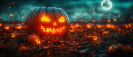 Pumpkins glow under a full moon, with carved jack-o-lanterns scattered across the field, casting eerie shadows on the ground.