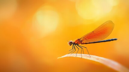 Wall Mural -  A dramatic close-up of a dragonfly perched on a blade of grass against a vivid yellow background