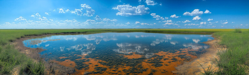 Wall Mural - The shallow waters shimmer in the midday sun, reflecting on the sky and surrounding landscape.