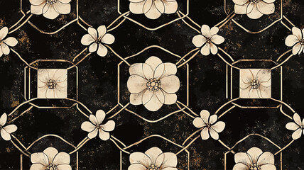 Seamless pattern with gold flowers on a grunge background.