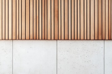 Aufkleber - This image depicts a modern design with vertical wooden slats placed over a concrete wall. It highlights the harmony of wood's warmth with the coolness of concrete.