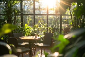 Poster - A serene and sunlit indoor garden space featuring a table and chairs, surrounded by lush greenery and bathed in natural light, creating a peaceful and rejuvenating atmosphere.
