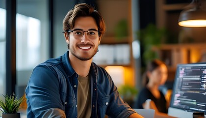 Wall Mural - smiling young content marketing consultant engaged with computer in modern office setting