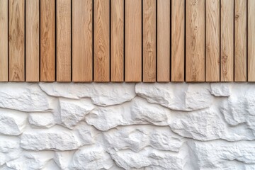 Poster - This image highlights a part of the wall with the upper portion consisting of vertical light wooden planks and the lower section is made up of white stone bricks.