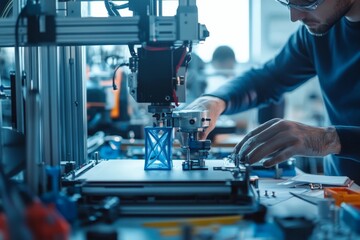 Aufkleber - A person operates a 3D printer, carefully working on creating a complex geometric object with detailed mechanical parts in a well-equipped lab environment.