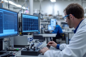 Leinwandbilder - A researcher works in a high-tech lab, analyzing complex data displayed on computer screens, contributing to technological advancements and scientific innovations.