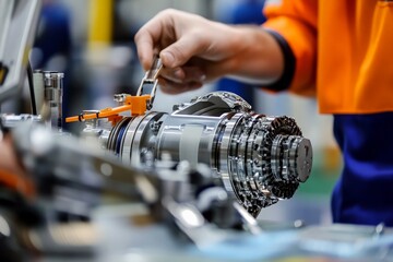 Aufkleber - An engineer is intricately working on sophisticated machinery, demonstrating technical expertise and a high level of dedication in a professional workshop environment.