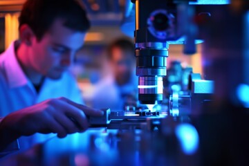 Leinwandbilder - Scientists are conducting an experiment using advanced equipment in a lab, signifying cutting-edge scientific research and the pursuit of knowledge in a technologically advanced environment.