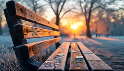 Wall Mural - Frost-kissed wooden slats of an old park bench amidst blurred silhouettes of trees illuminated by a vibrant sunrise