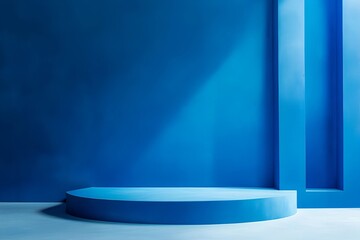 Wall Mural -  3D rendering blue wall with minimal podium scene Background