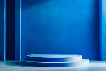 Wall Mural -  3D rendering blue wall with minimal podium scene Background