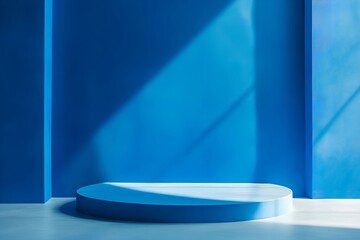 Wall Mural -  3D rendering blue wall with minimal podium scene Background