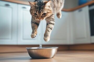 Sticker - adult cat jumping over a bowl with water, modern kitchen floor