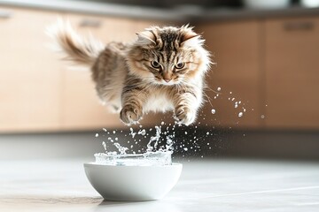 Sticker - adult cat jumping over a bowl with water, modern kitchen floor