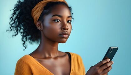 Wall Mural - contemplative young afro woman holding smartphone, lost in thought, set against a serene light blue backdrop