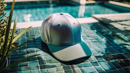 Poster - Blue Baseball Cap on Poolside Table with Greenery and Blue Water, baseball cap mockup