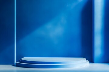 Wall Mural -  3D rendering blue wall with minimal podium scene Background