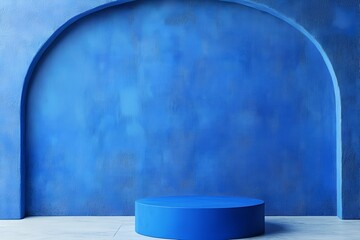 Wall Mural -  3D rendering blue wall with minimal podium scene Background