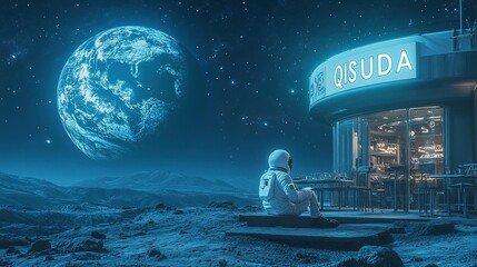 Poster - At night, under the starry sky, on the desolate moon stands a retro-futuristic restaurant called 