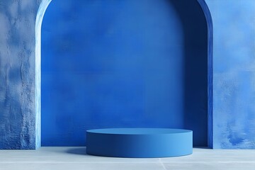 Wall Mural -  3D rendering blue wall with minimal podium scene Background