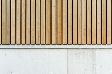 Poster - A modern design image displaying vertical wooden slats positioned above a pristine white concrete wall, showcasing a clean, sleek, and contemporary architectural feature.