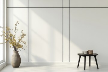 Leinwandbilder - A spacious modern minimalist room featuring light walls with black lines, a large plant in a vase, and a round wooden coffee table with small decor pieces.