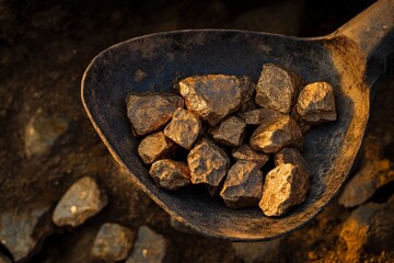 A close-up image featuring a pile of raw iron ore in a rusty metal shovel set against a brown earthen background, highlighting the raw and industrial nature of mining.