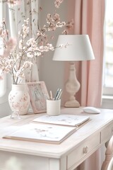 Canvas Print - blush pink light and airy home office with desk, lamp, chair, notebook, pen