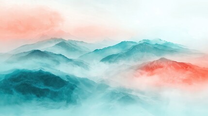 Abstract foggy watercolor background with mountain landscape, sky, and clouds