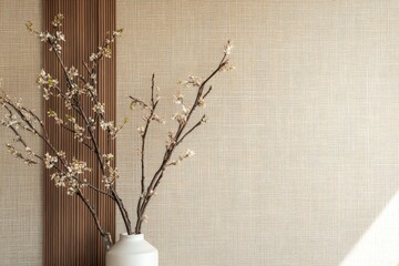Leinwandbilder - A minimalist scene featuring an elegant white vase holding delicate branches, set against a light textured wall with wooden vertical slats, capturing simplicity and elegance.
