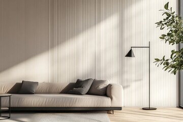 Poster - An elegant living room with a light-colored sofa and a tall floor lamp, adorned with simple, minimalist decor, creating a bright and airy ambiance that is inviting and chic.