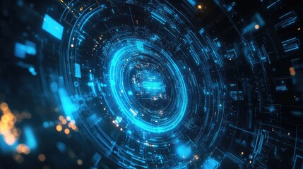 Poster - A vibrant blue technological circle glowing in a futuristic background, representing innovation and advanced technology concepts