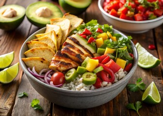 Vibrant close-up of a flavorful burrito bowl with grilled chicken, sautéed onions, bell peppers, and warm tortilla