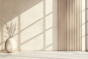 Leinwandbilder - A large vase with a branching plant is positioned beside a slatted wall with large windows allowing sunlight to flood the minimalist space. It's an ode to nature and tranquility.
