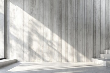 Aufkleber - This image features an empty room with rustic grey wood panel walls, highlighted by natural sunlight streaming through a large window, embodying simplicity and openness.