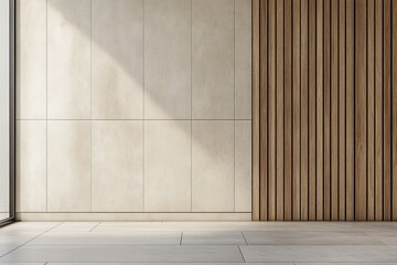 Poster - A spacious modern room featuring a combination of light beige concrete panels and vertical wooden slats, showcasing minimalistic and contemporary design elements.
