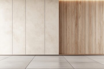 Poster - A minimalist designed room that combines light beige panels with vertical wooden slats, capturing the essence of modern architecture and minimal aesthetic principles.